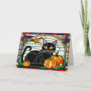Cartes Pour Fêtes Annuelles Chat noir vitrail aux citrouilles 