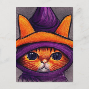 Cartes Pour Fêtes Annuelles Chat orange avec chapeau de sorcière violet Joyeux