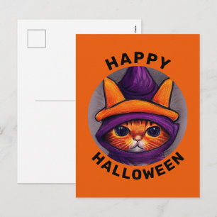 Cartes Pour Fêtes Annuelles Chat orange avec chapeau de sorcière violet Joyeux