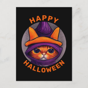 Cartes Pour Fêtes Annuelles Chat orange avec chapeau de sorcière violet Joyeux