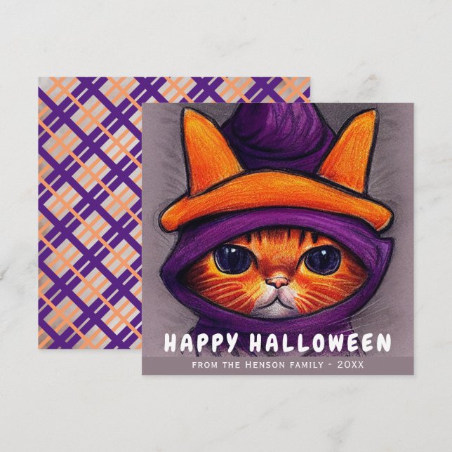 Cartes Pour Fêtes Annuelles Chat orange avec sorcière violette Casquette Bonne (Devant / Derrière)