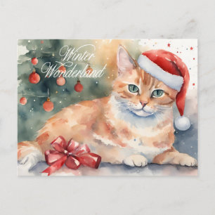 Cartes Pour Fêtes Annuelles Chat orange de Noël à l'aquarelle de Santa Hat