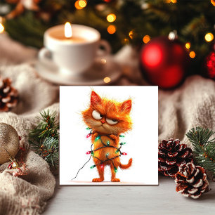 Cartes Pour Fêtes Annuelles Chat orange impertinent dans les lumières de fête