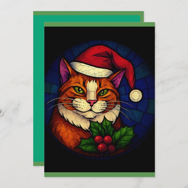 Cartes Pour Fêtes Annuelles Chat orange tabby de Noël en vitrail (Devant / Derrière)