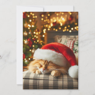 Cartes Pour Fêtes Annuelles Chat portant un chapeau de Père Noël dormant sur u