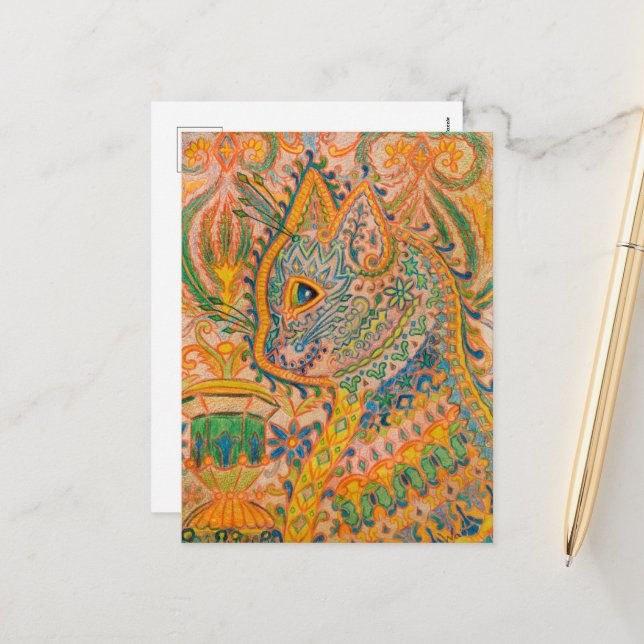 Cartes Pour Fêtes Annuelles Chat psychédélique par Louis Wain (Devant/Arrière en situation)