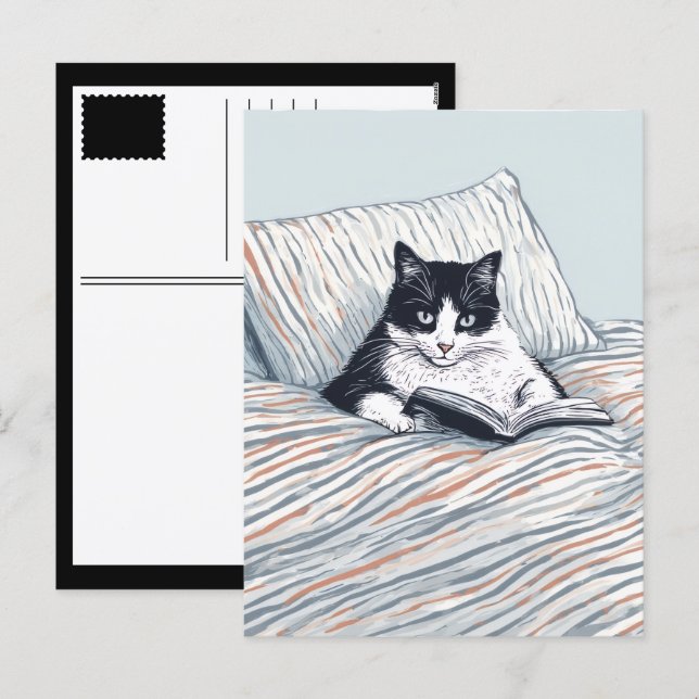 Cartes Pour Fêtes Annuelles chat qui lit (Devant / Derrière)