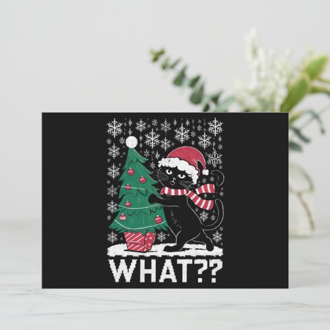 Cartes Pour Fêtes Annuelles Chat quoi drôle chat noir poussant arbre de Noël  (Debout devant)
