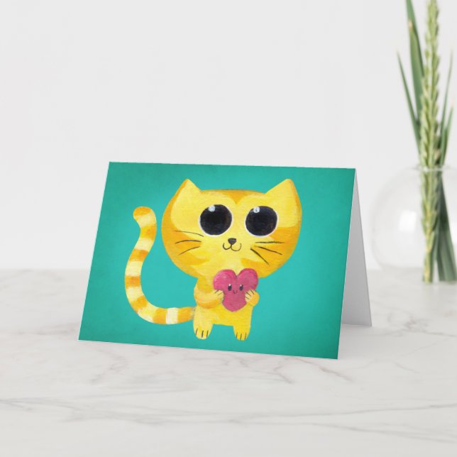 Cartes Pour Fêtes Annuelles Chat romantique mignon avec le coeur de sourire (Devant)