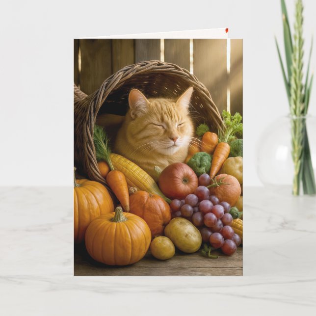 Cartes Pour Fêtes Annuelles Chat roux dans la corne d'abondance de Thanksgivin (Devant)