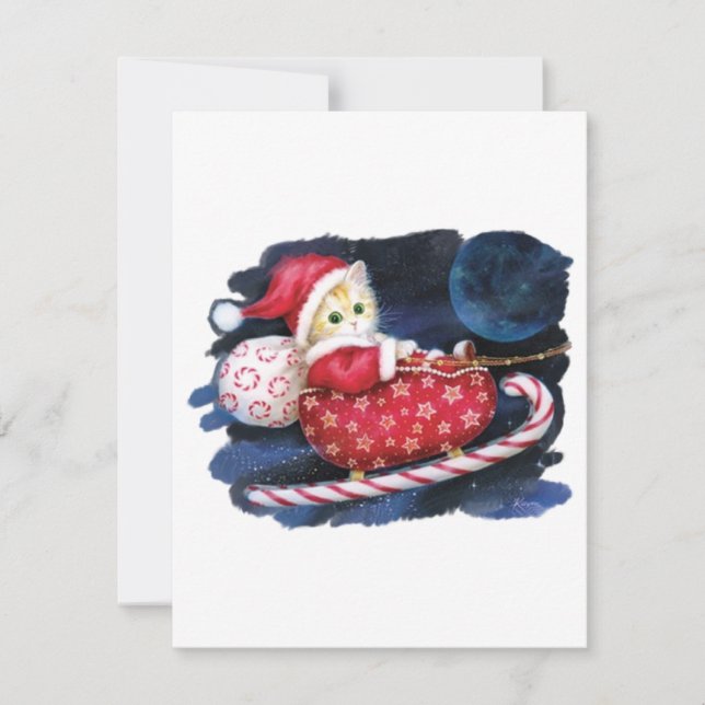 Cartes Pour Fêtes Annuelles Chat Santa dans le traîneau du Père Noël livrant d (Devant)