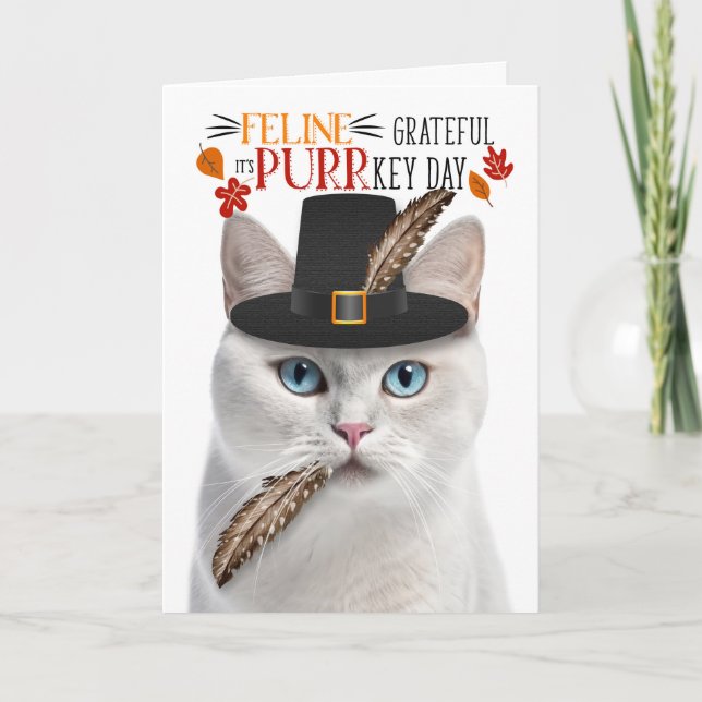 Cartes Pour Fêtes Annuelles Chat Shorthair blanc gracieux pour PURRkey Day (Devant)