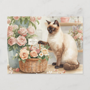 Cartes Pour Fêtes Annuelles Chat siamois arrangeant des fleurs pour la fête de