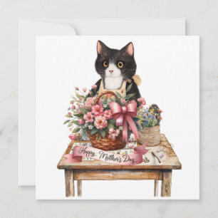 Cartes Pour Fêtes Annuelles Chat smoking arrangeant de fleurs pour la fête des