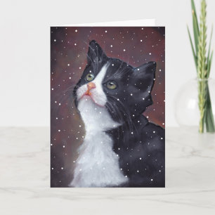 Cartes Pour Fêtes Annuelles Chat Smoking Looking Up At Flocons De Neige, Art