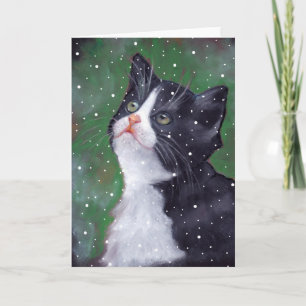 Cartes Pour Fêtes Annuelles Chat Smoking Regardant les Flocons de Neige, Art