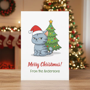Cartes Pour Fêtes Annuelles Chat tabby gris grincheux Sapin de Noël Chapeau Ro