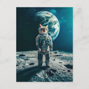 Cartes Pour Fêtes Annuelles Chat tigré sur la lune avec la Terre derrière