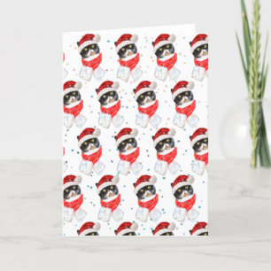 Cartes Pour Fêtes Annuelles Chat tricolore Noël aquarelle avec écharpe