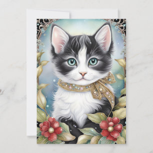 Cartes Pour Fêtes Annuelles Chat Tuxedo Élégant Cadre Flore d'Hiver