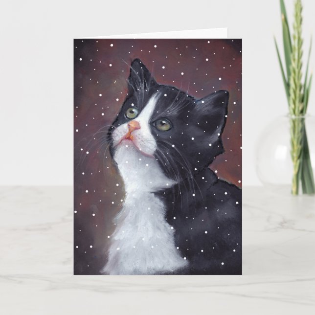 Cartes Pour Fêtes Annuelles Chat Tuxedo Regardant les Flocons de Neige, Art (Devant)