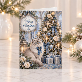 Cartes Pour Fêtes Annuelles Chat victorien de Noël floral bleu vintage