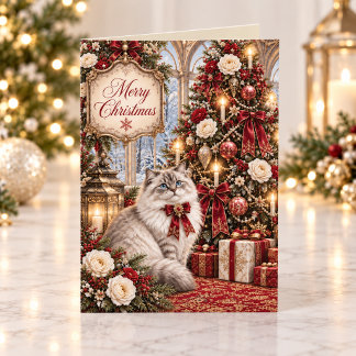 Cartes Pour Fêtes Annuelles Chat victorien de Noël floral rouge vintage