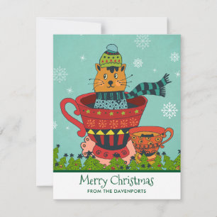 Cartes Pour Fêtes Annuelles Chat Whimsical assis dans un thé Noël