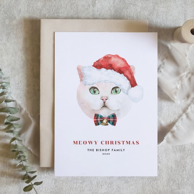 Cartes Pour Fêtes Annuelles Chat White British Shorthair Père Noël Meowy Chris (Créateur téléchargé)