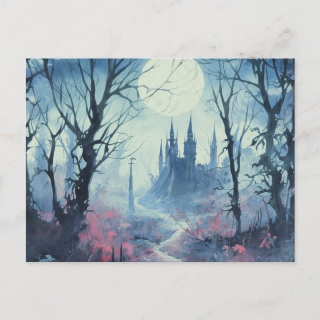 Cartes Pour Fêtes Annuelles Château gothique Pleine lune Forêt Halloween (Devant)