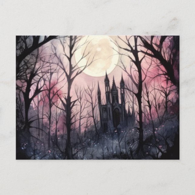 Cartes Pour Fêtes Annuelles Château gothique Pleine lune Forêt Halloween (Devant)
