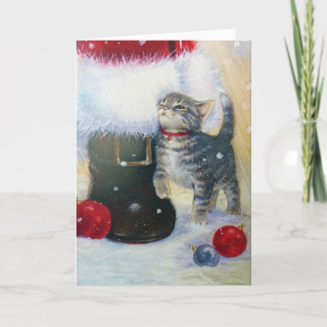Cartes Pour Fêtes Annuelles Chaton à la botte de Père Noël (Devant)
