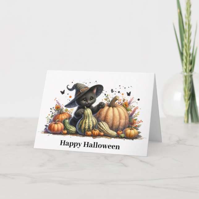 Cartes Pour Fêtes Annuelles Chaton de la Sorcière Noire d'Halloween avec Citro (Devant)