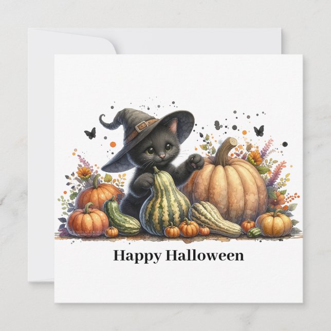 Cartes Pour Fêtes Annuelles Chaton de la Sorcière Noire d'Halloween avec Citro (Devant)