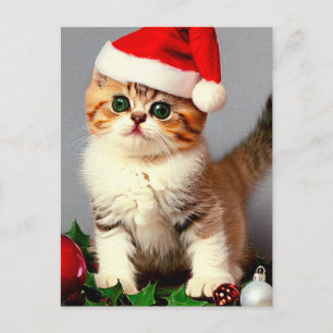 Cartes Pour Fêtes Annuelles Chaton de Noël vintage avec chapeau de Père Noël