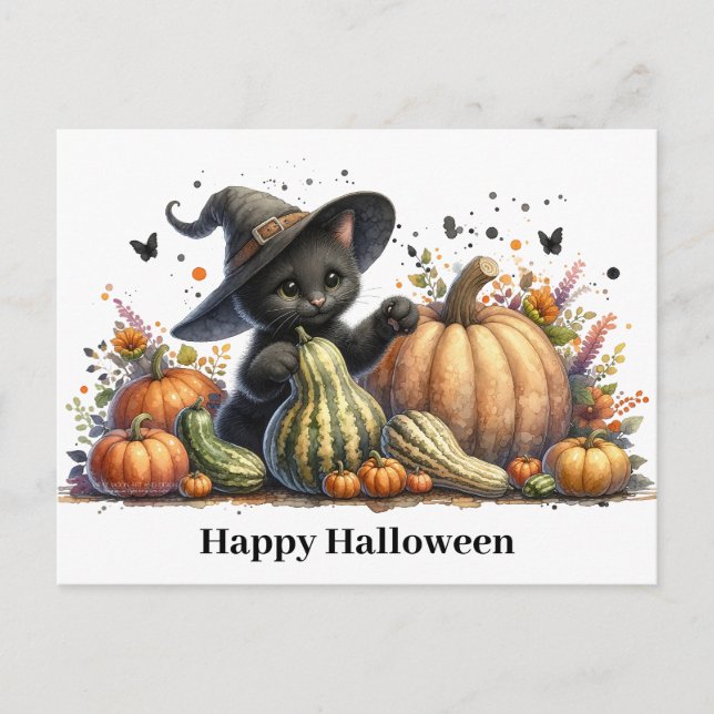 Cartes Pour Fêtes Annuelles Chaton de sorcière noire Halloween W/ Gourds Citro (Devant)
