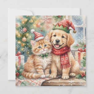 Cartes Pour Fêtes Annuelles Chaton et chiot. Noël festif. Mignon