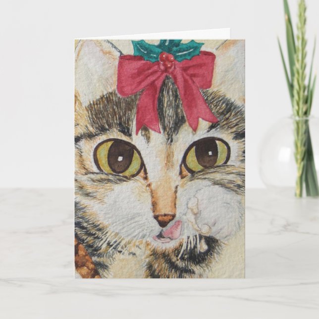 Cartes Pour Fêtes Annuelles chaton gris léchant des pattes portant Noël rouge (Devant)