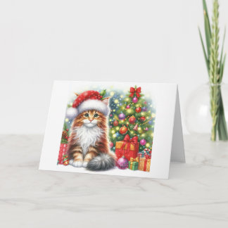 Cartes Pour Fêtes Annuelles Chaton Maine Coon Assis Près d'un Sapin de Noël