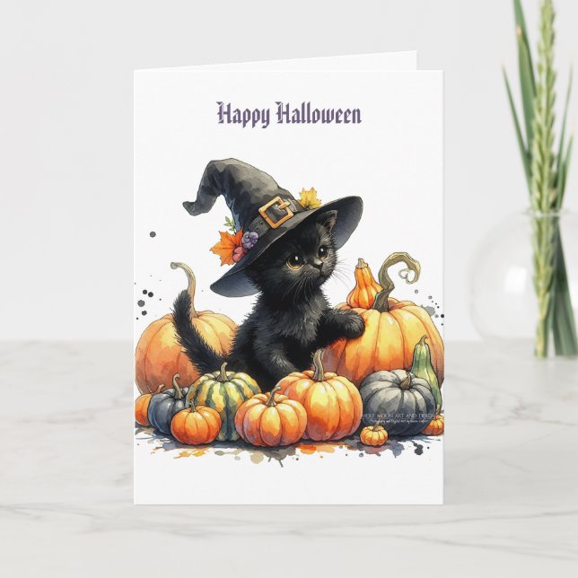 Cartes Pour Fêtes Annuelles Chaton noir d'Halloween avec citrouilles et chapea (Devant)