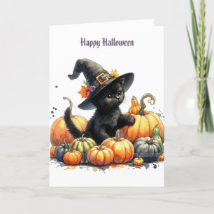 Cartes Pour Fêtes Annuelles Chaton noir d'Halloween avec citrouilles et chapea