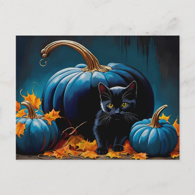 Cartes Pour Fêtes Annuelles Chaton noir et lune bleue Citrouilles Feuilles d'a (Devant)