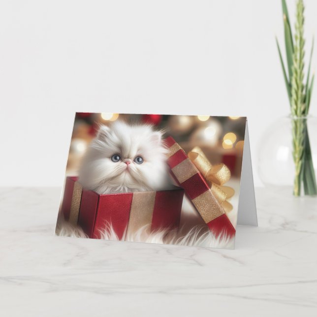 Cartes Pour Fêtes Annuelles Chaton persan de Noël dans une boîte cadeau (Devant)