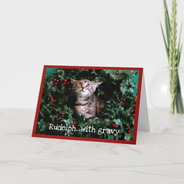 Cartes Pour Fêtes Annuelles Chaton tigré en guirlande de houx (Devant)