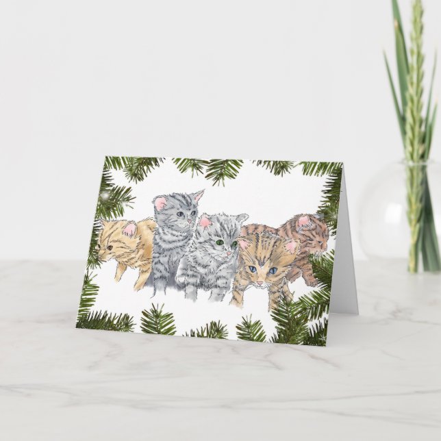 Cartes Pour Fêtes Annuelles Chatons contemporains amusants dans les pins Noël (Devant)