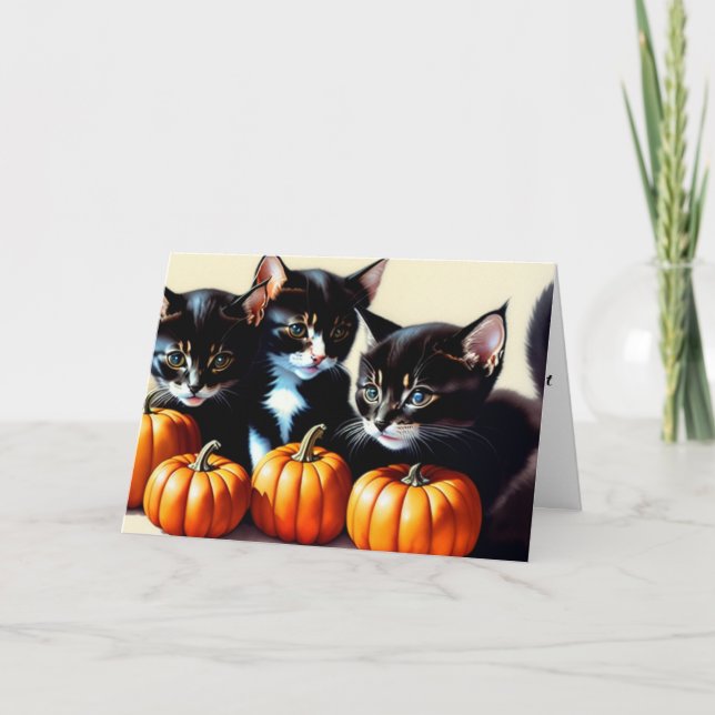 Cartes Pour Fêtes Annuelles Chatons d'automne avec citrouilles (Devant)