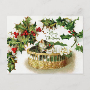 Cartes Pour Fêtes Annuelles Chatons de Noël vintage dans un panier, houx baie