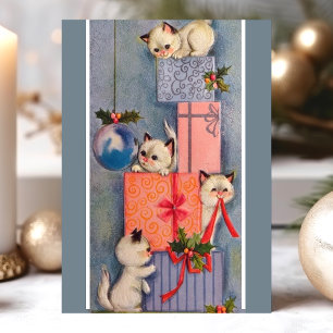 Cartes Pour Fêtes Annuelles Chatons de Noël vintage jouant avec des cadeaux