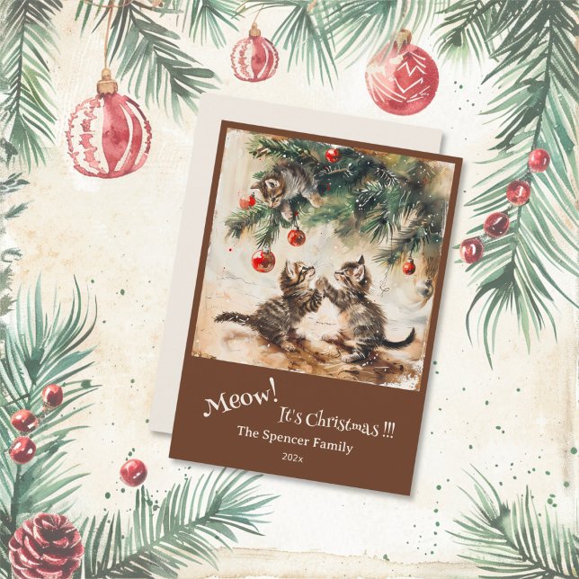Cartes Pour Fêtes Annuelles Chatons mignons sur l'arbre de Noël (Cute Kittens Christmas Tree Flat Card)