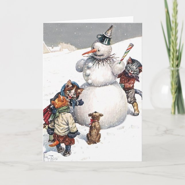 Cartes Pour Fêtes Annuelles Chats adorables Construire un bonhomme de neige (Devant)
